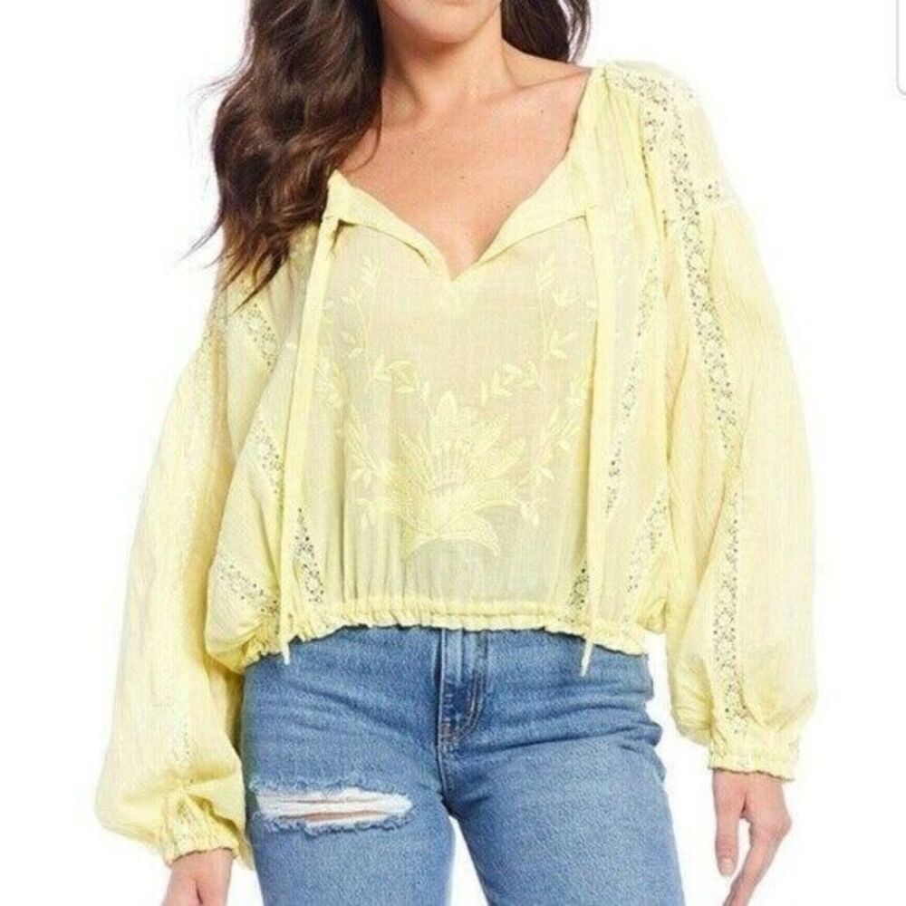 Free People $128‎ Maria Maria Yellow Embroidered Peasant Boho Blouse Top Small
